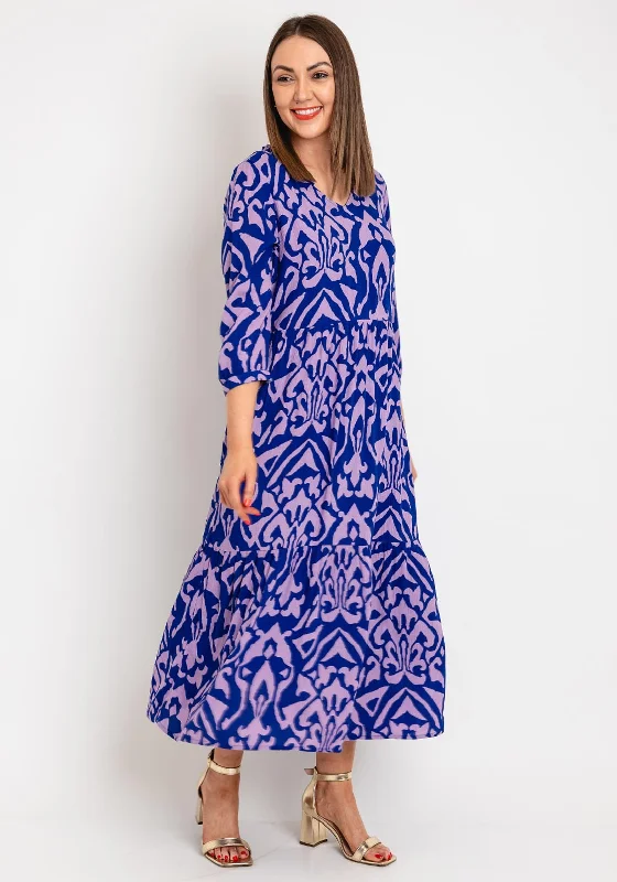 metallic maxi dresses for parties -Street One Printed Long Smock Dress, Purple