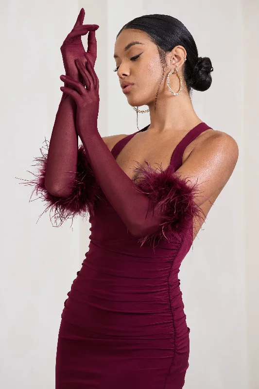 sequined maxi dresses for night -Watch & Wave | Burgundy Sheer Long Feather Gloves