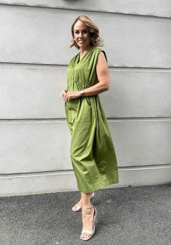 emerald maxi dresses for parties -Y.A.S Nimea Drawstring Long Dress, Grasshopper