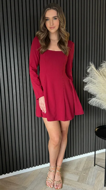 Mini dresses with wrap style -Alysse Burgundy Square Neck Mini Dress