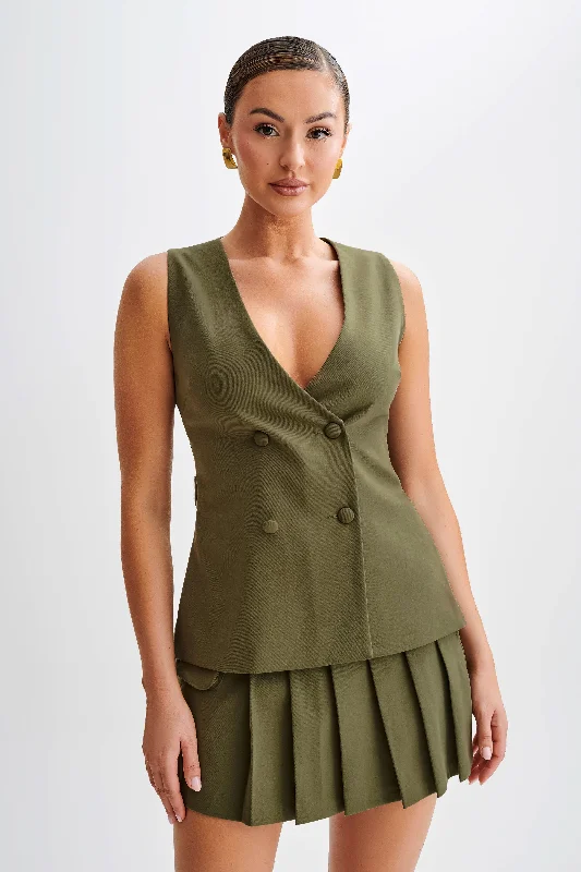 soft beige maxi dresses -Amelie Suiting Longline Vest - Military Olive