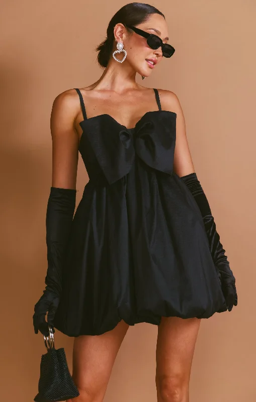 Mini dresses in quilted fabric -Bubble Bow Mini ~ Black Taffeta