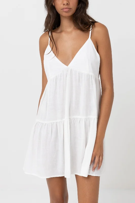 Mini dresses for summer concerts -Classic Tiered Mini Dress White