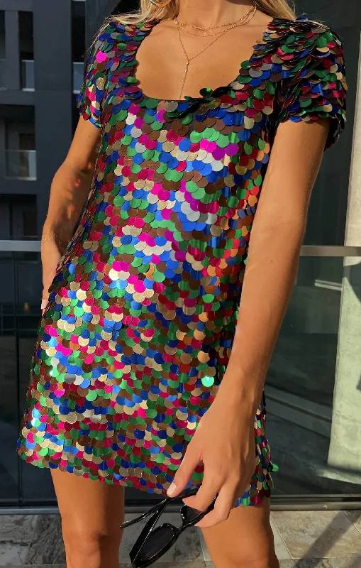 Mini dresses for night events -Emi Mini Dress ~ Rainbow Sequins