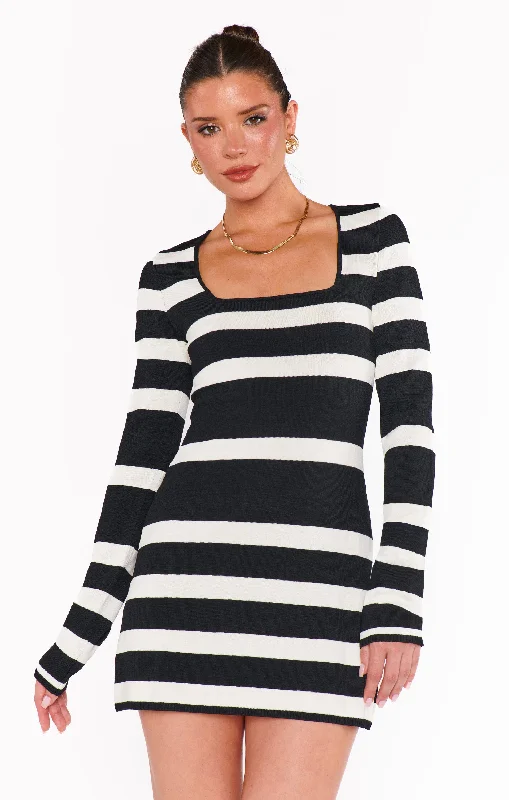 Mini dresses with cold shoulder -Erika Mini Dress ~ Black White Stripe Knit