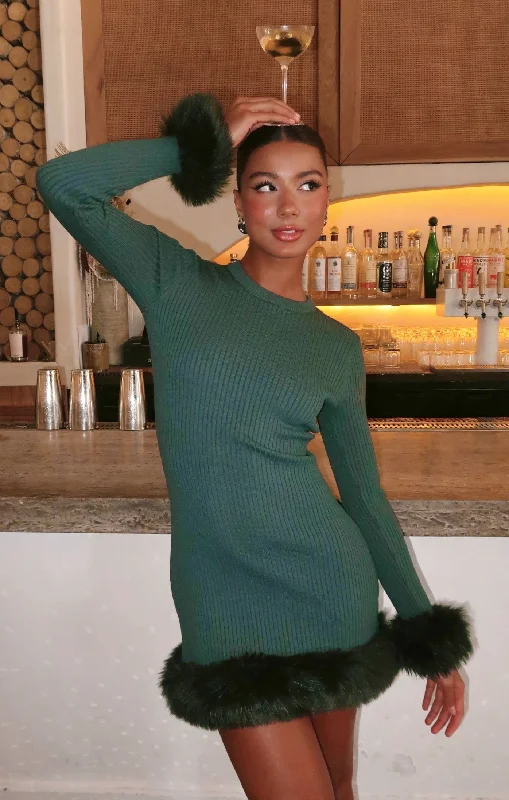 Mini dresses for park parties -Fran Mini Dress ~ Emerald Knit with Faux Fur