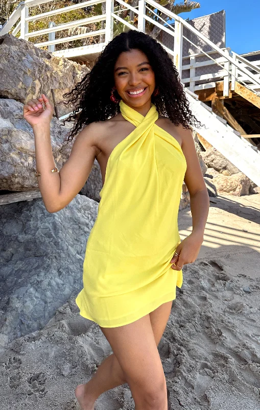 Mini dresses with relaxed style -Jasmine Halter Mini Dress ~ Bright Yellow