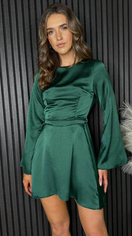 Affordable mini dresses for summer -Kit Forest Green Long Sleeve Mini Dress