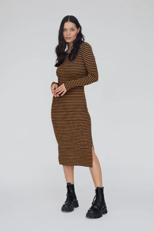 casual plaid maxi dresses -Ludmilla Long Dress - Bronze Brown/Black Stripe