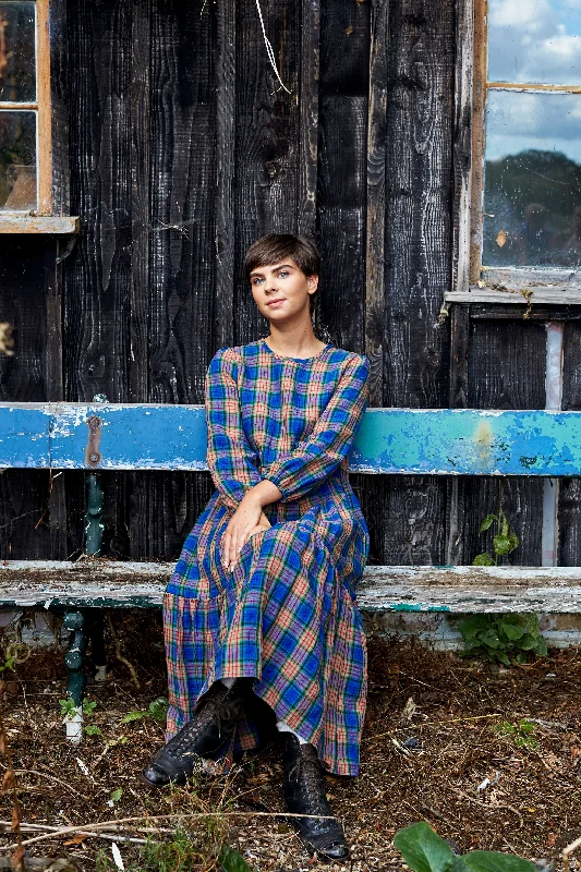 emerald green maxi dresses for events -Mill Town Dress in Longford Tartan Irish Linen