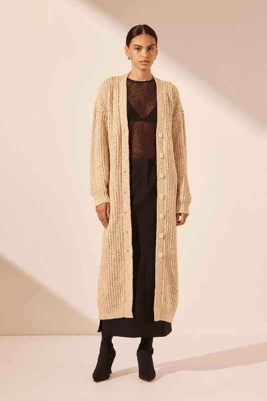 sequined maxi dresses for night -OLIVIA LONG CARDIGAN - OAT/ IVORY