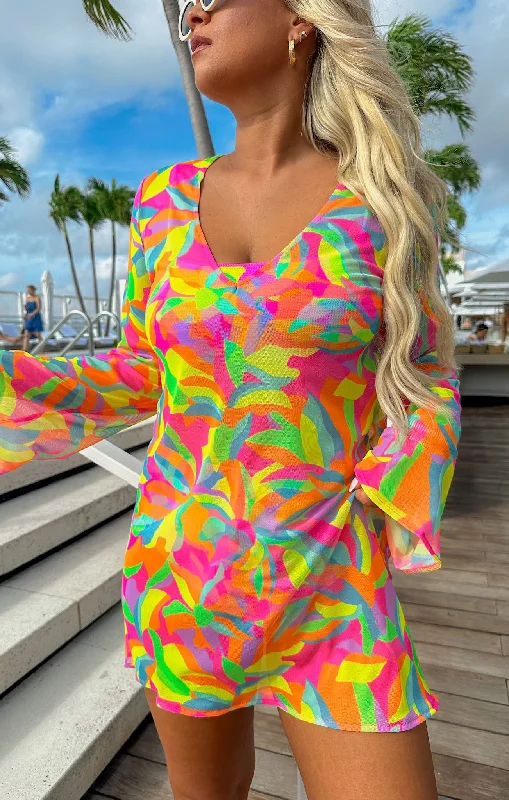 Mini dresses in twill fabric -Santos Mini Cover Up ~ Neon Tropics