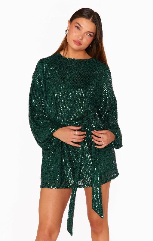 Mini dresses with pointed collar -Sure Thing Mini Dress ~ Emerald Sequins