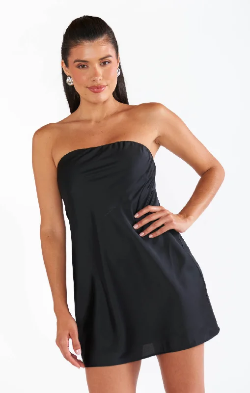 Mini dresses with back tie -Taylor Tube Mini Dress ~ Black Luxe Satin