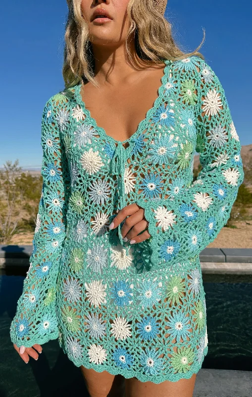 Mini dresses for beach nights -Vacay Mini Coverup ~ Blue Multi Floral Crochet