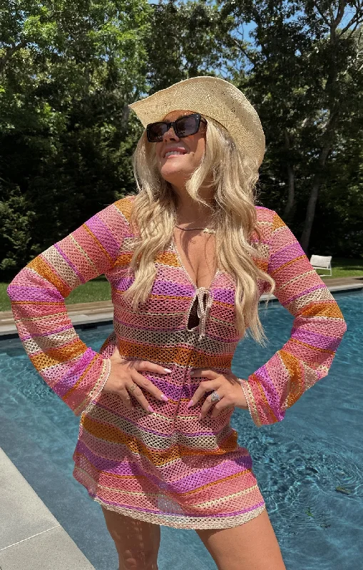 Mini dresses for weekend events -Vacay Mini Coverup ~ Melon Mixed Crochet