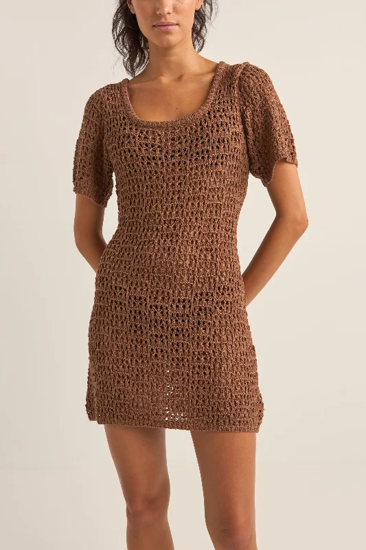 Mini dresses for tropical party -Venice Knit Mini Dress Chocolate